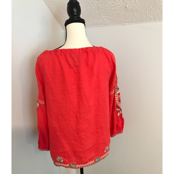 Johnny Was Maisie Coral Orange Embroidery Blouse with Side Tie - Size XSM - Picture 2 of 8